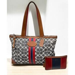 Vintage Coach 7023 Signature Denim Stripe Small Tote Bag & 8697 Skinny Wristlet